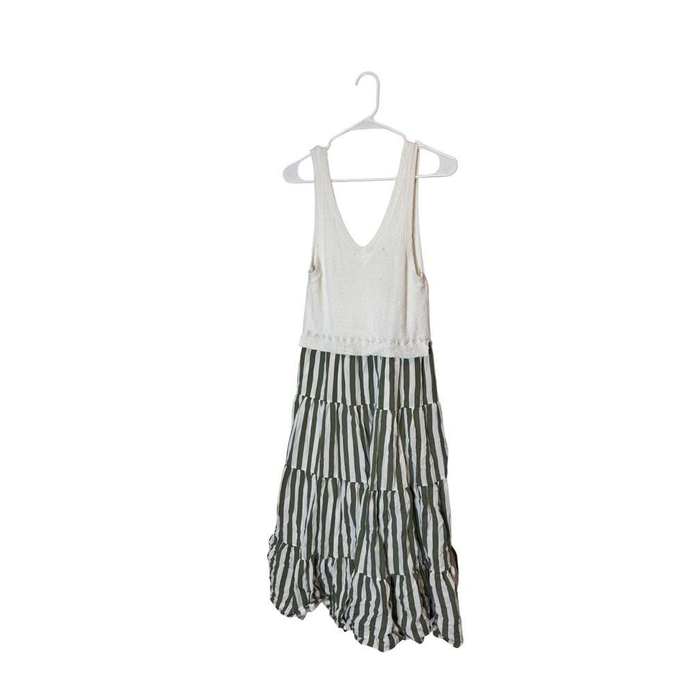 En Saison Dress Womens Medium White Green Striped Tiered‎ Maxi Sleeveless Boho